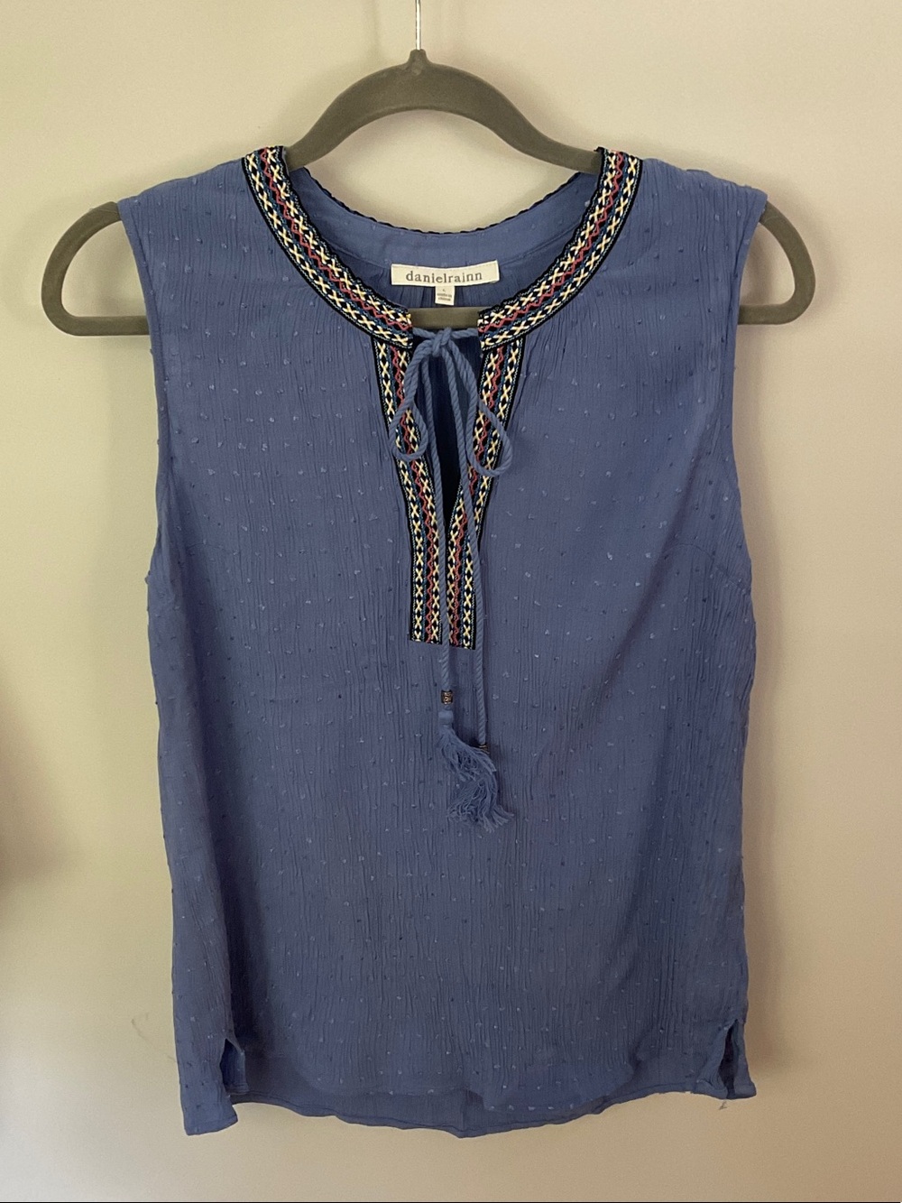 Daniel Rainn Periwinkle Sleeveless Embroidered Tie-Neck Top